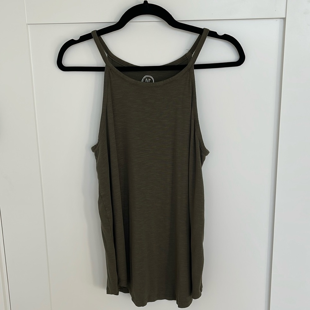 Olive Green tank top with slightly rounded hem